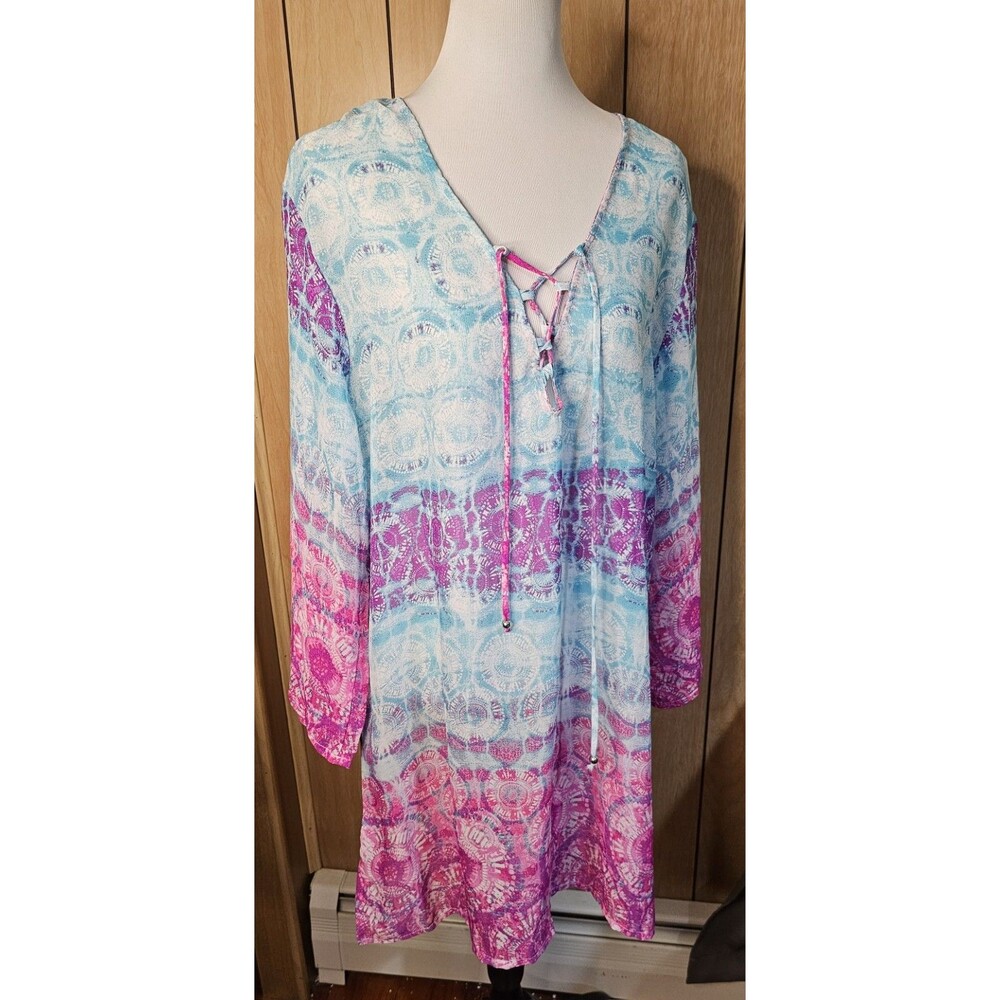 Portocruz Women's XL Sheer Tunic Cover Up Aqua Pink Boho Tie Neck 3/4 Sleeves